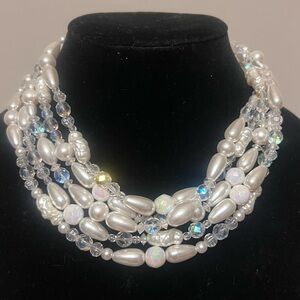Five Strand AB Crystal White Faux Pearl Vintage Choker
